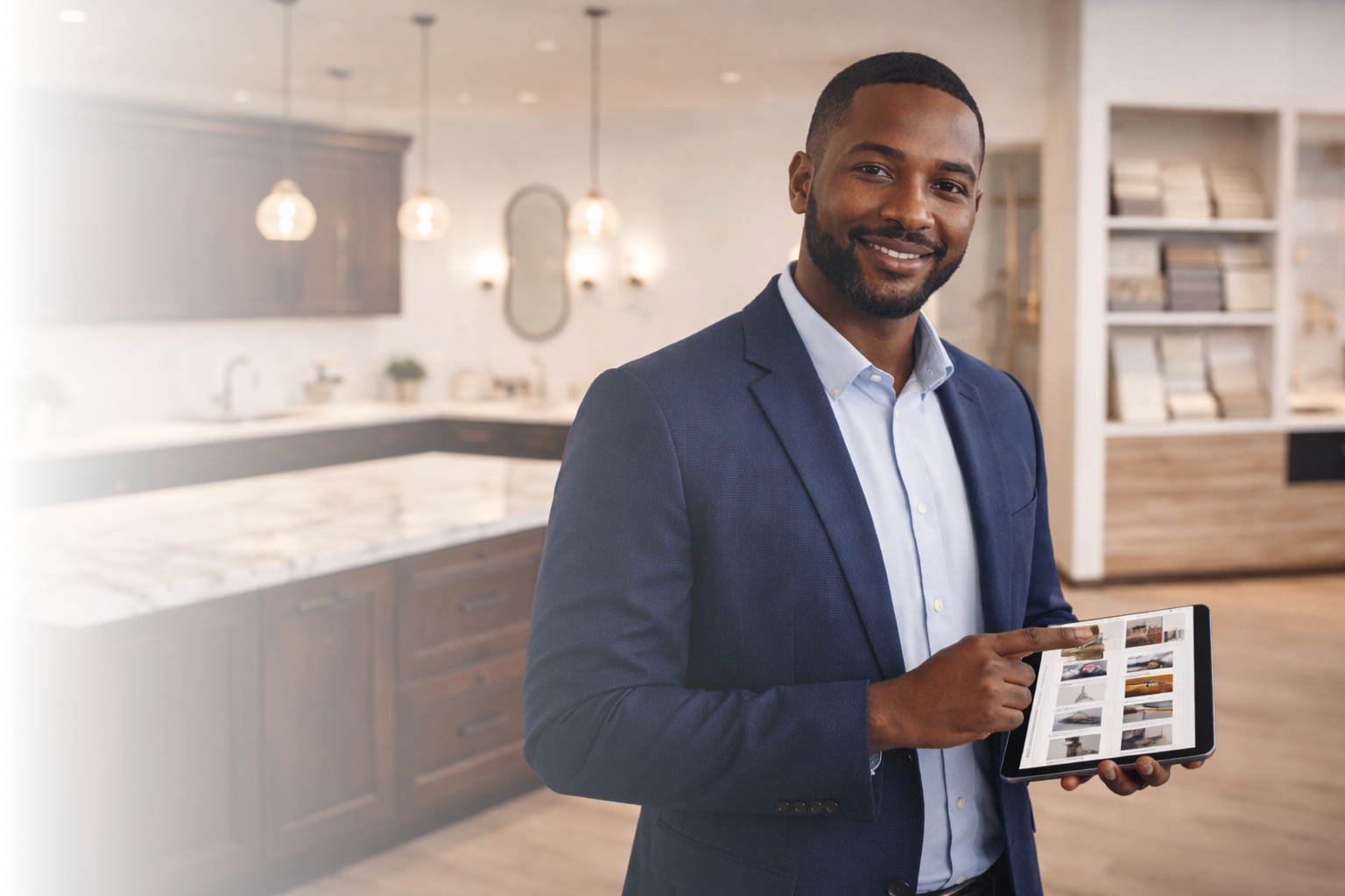 Professional South African business owner in a premium showroom environment