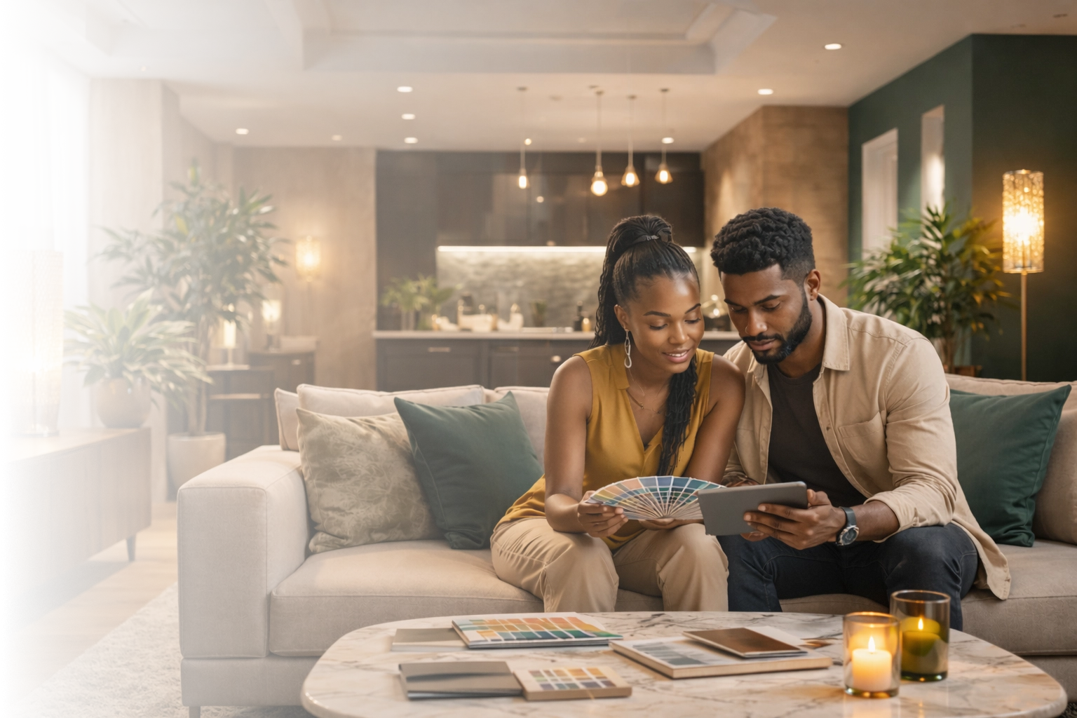 South African couple reviewing materials, finishes and lighting in a modern home