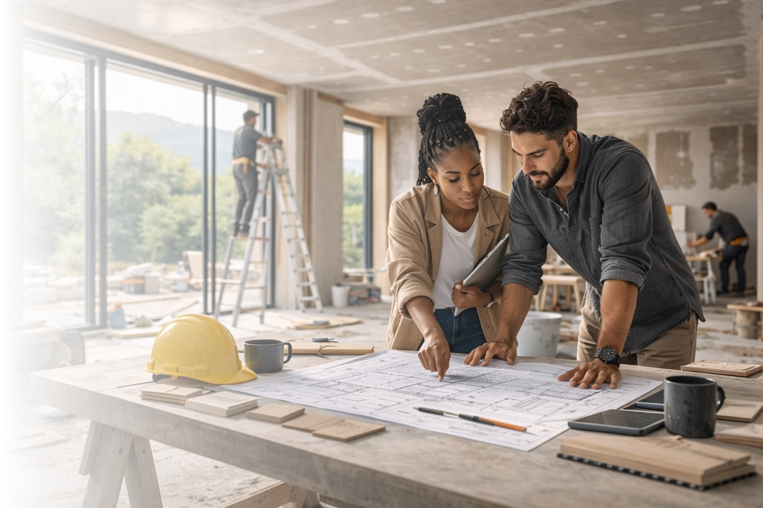 Professionals reviewing renovation plans in an unfinished residential interior