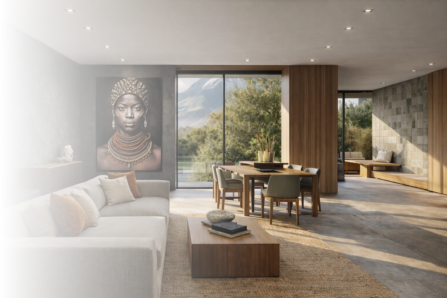 Contemporary South African house interior with natural materials and expansive glazing