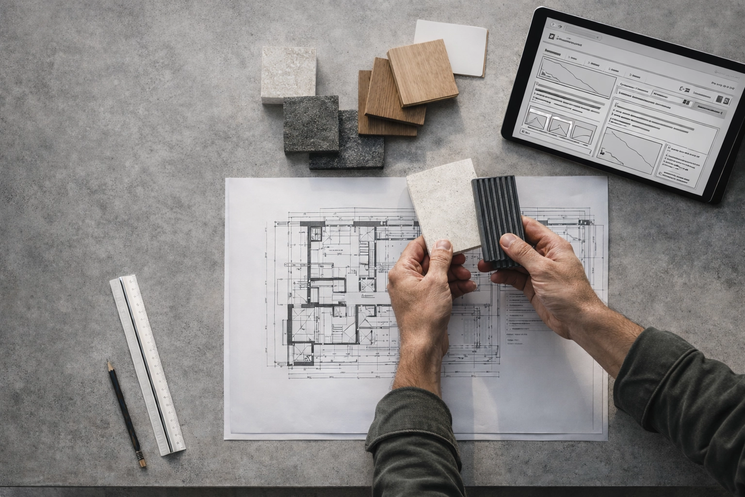 Architectural drawings, material samples, and digital platform planning on a design studio desk